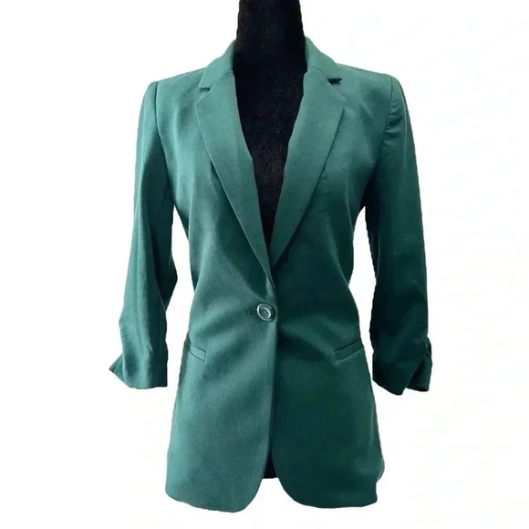 Ricki’s  Blazer Ponte Knit 3/4 Ruched Sleeves Single Breasted Forest Green XS - Picture 2 of 10